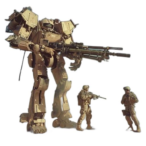 weapon, robot, concept art, 3d render, fantasy art, pixel art, earth tones, large transparent PNG cut-out