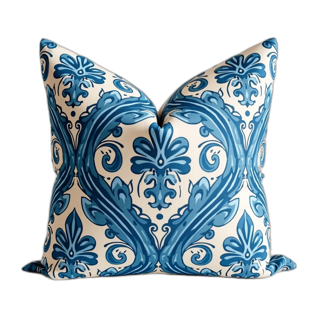 furniture, photorealistic, 3d render, blue, monochrome, white, patterned, pillow transparent PNG cut-out