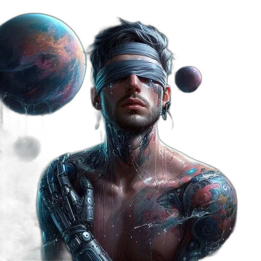 cyberpunk, concept art, fantasy art, photorealistic, outer space, blue, man, blindfold transparent PNG cut-out