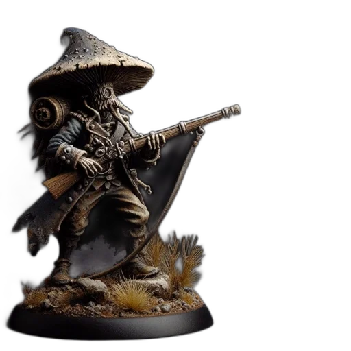 concept art, fantasy art, miniature, figurine, mushroom, cap, rifle, sits transparent PNG cut-out
