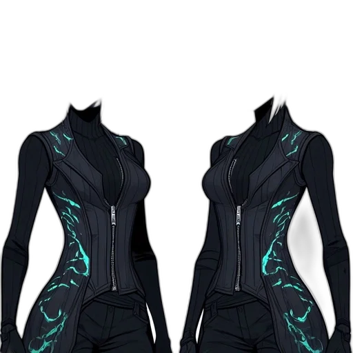 jacket, dress, cyberpunk, concept art, 3d render, dark, green, two transparent PNG cut-out