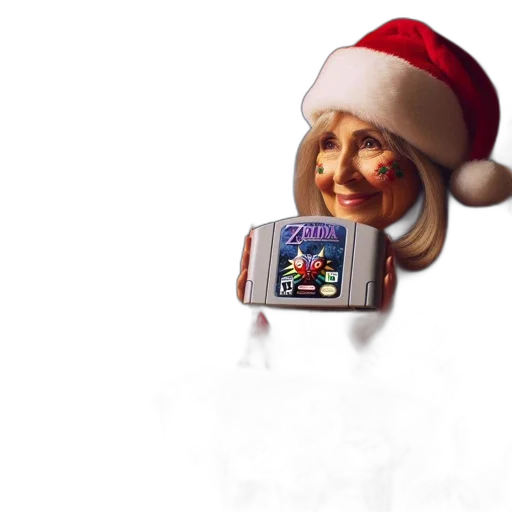 robot, elderly, woman, donning, santa, hat, holds, majora transparent PNG cut-out