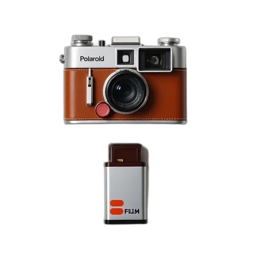 weapon, photorealistic, vintage, polaroid, camera, brown, leatherette, cover transparent PNG cut-out