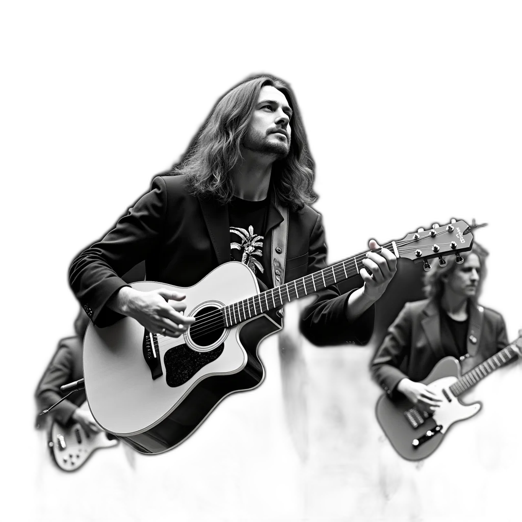 black, white, photograph, man, long, hair, playing, acoustic transparent PNG cut-out
