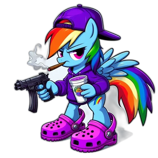 weapon, vaporwave, cyberpunk, pixel art, cartoon, anthropomorphic, rainbow-winged, creature transparent PNG cut-out