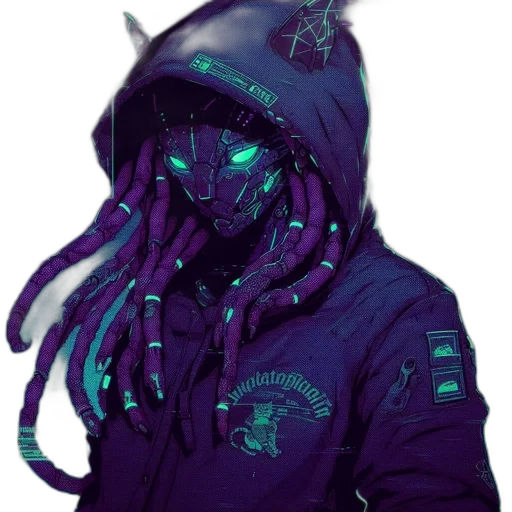 jacket, creature, mask, hat, cyberpunk, concept art, pixel art, vaporwave transparent PNG cut-out