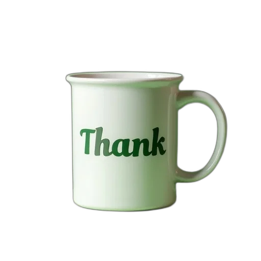 staff, 3d render, photorealistic, green, thank, message, middle, mug transparent PNG cut-out