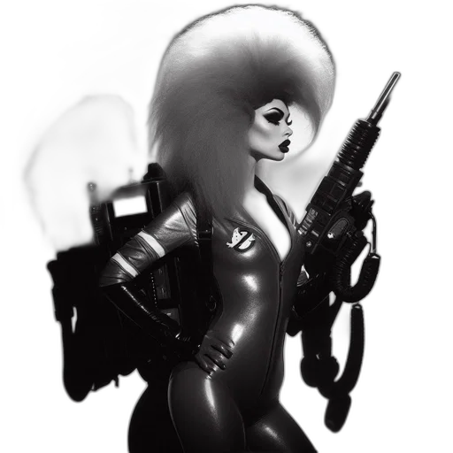 robot, weapon, staff, hair, concept art, cyberpunk, comic book art, 3d render transparent PNG cut-out