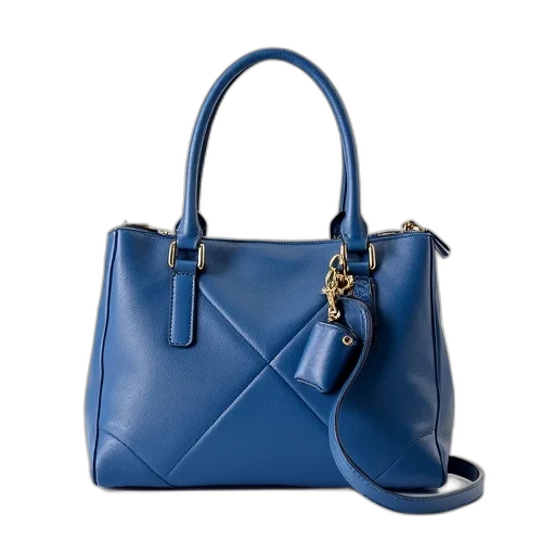blue, handbag, quilted, pattern, gold-tone, hardware, displayed, against transparent PNG cut-out