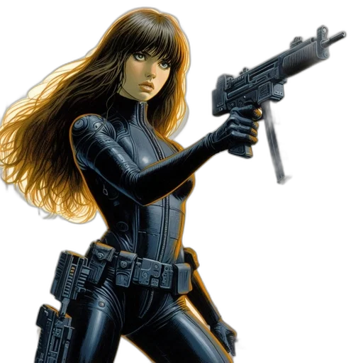 weapon, comic book art, concept art, cartoon, photorealistic, woman, black, bodysuit transparent PNG cut-out