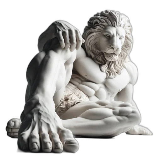photorealistic, 3d render, concept art, life-sized, sculpture, features, half-lion, half-human transparent PNG cut-out