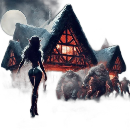 concept art, fantasy art, comic book art, pixel art, snow, night, fog, forest transparent PNG cut-out