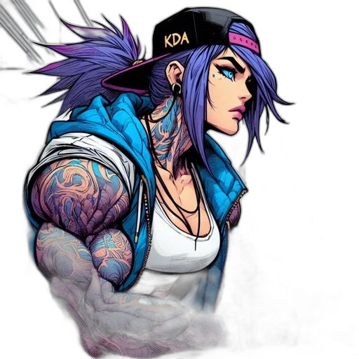 jacket, cyberpunk, concept art, comic book art, cartoon, blue, woman, vibrant transparent PNG cut-out