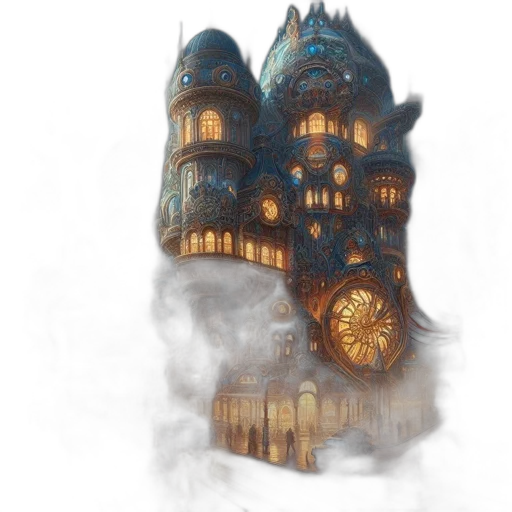 building, fantasy art, concept art, watercolor, pixel art, fog, night, city street transparent PNG cut-out