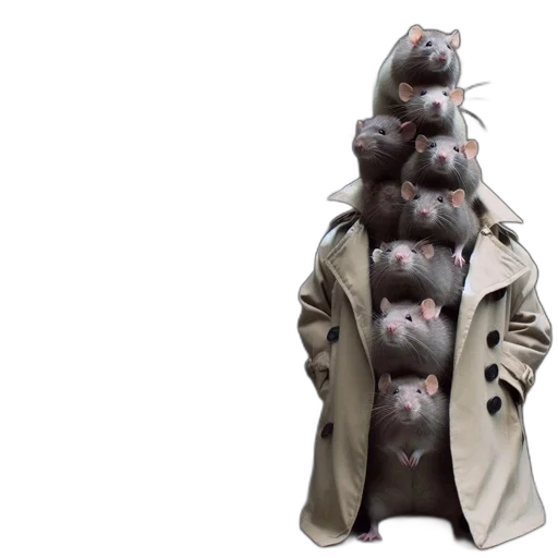 jacket, dress, robot, bottle, concept art, 3d render, rats, stacked transparent PNG cut-out