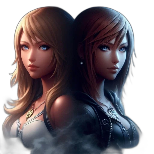 concept art, fantasy art, photorealistic, 3d render, dark, two, female, animated transparent PNG cut-out