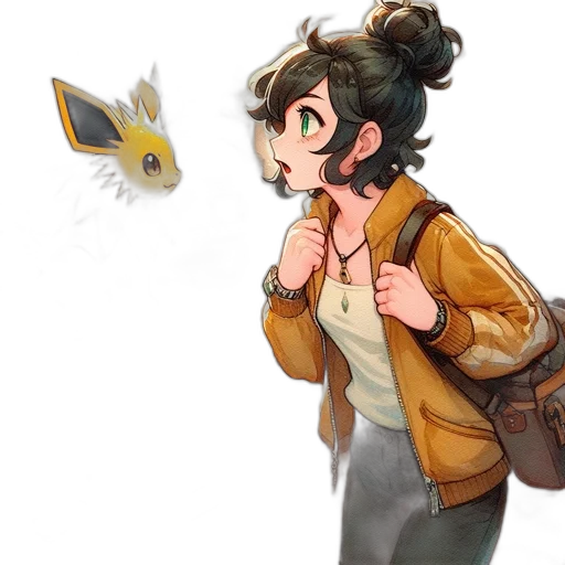 jacket, staff, weapon, creature, concept art, watercolor, anime, fantasy art transparent PNG cut-out