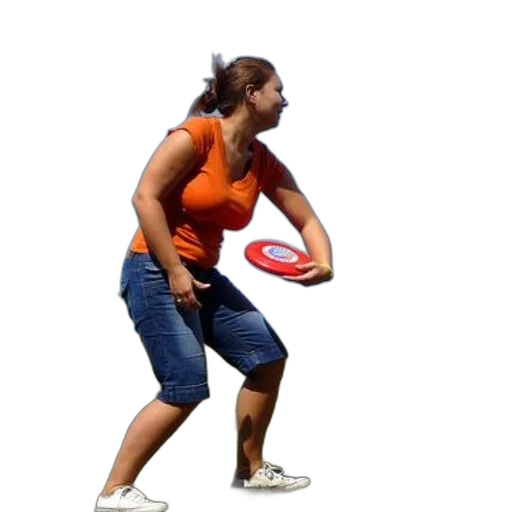 woman, orange, shirt, blue, shorts, holding, red, frisbee transparent PNG cut-out