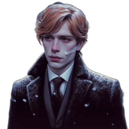 face, jacket, concept art, fantasy art, photorealistic, comic book art, snow, dark transparent PNG cut-out