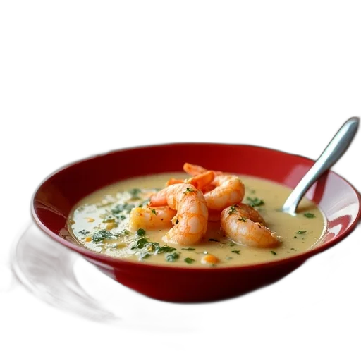 food, photorealistic, 3d render, plate, creamy, seafood, soup, shrimp transparent PNG cut-out