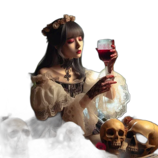 oil painting, fantasy art, photorealistic, concept art, dark, red, woman, floral transparent PNG cut-out
