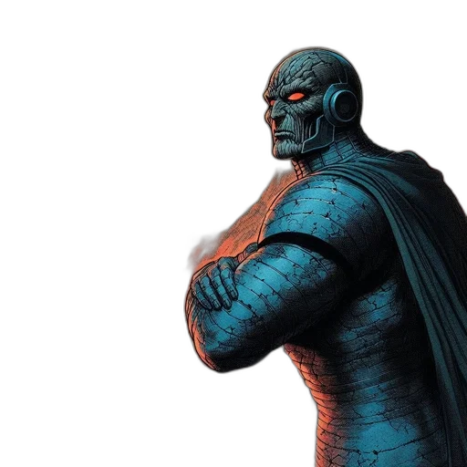 comic book art, concept art, dark, figure, blue-gray, skin, red, eyes transparent PNG cut-out