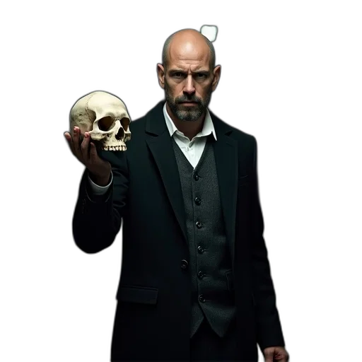 mask, staff, jacket, face, concept art, photorealistic, man, bald transparent PNG cut-out
