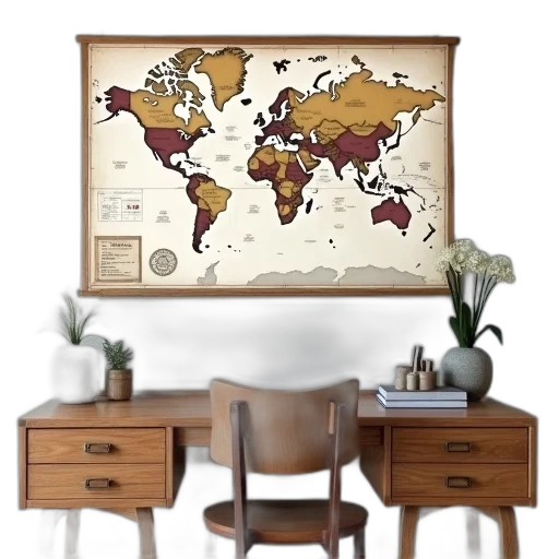 furniture, concept art, 3d render, earth tones, dark, golden, wooden, desk transparent PNG cut-out