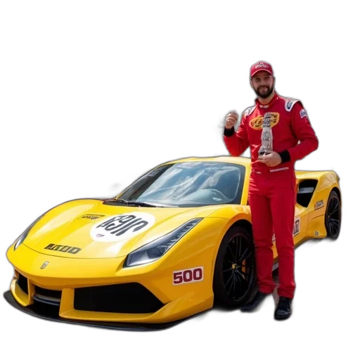 car, 3d render, person, red, racing, suit, standing, next transparent PNG cut-out