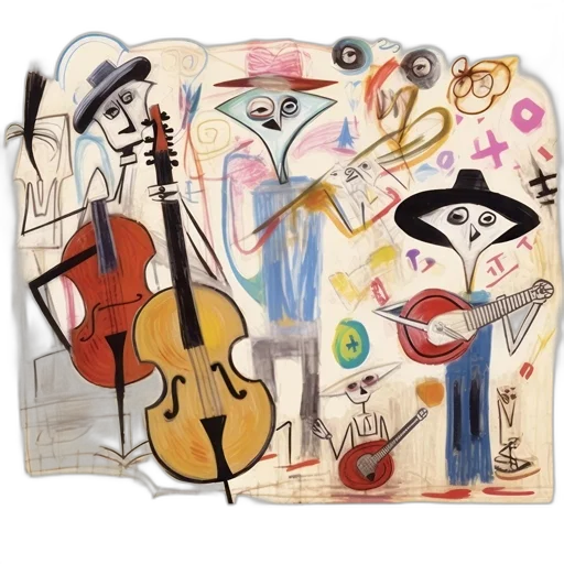 concept art, forest, abstract, musical, ensemble, stylized, figures, bold transparent PNG cut-out