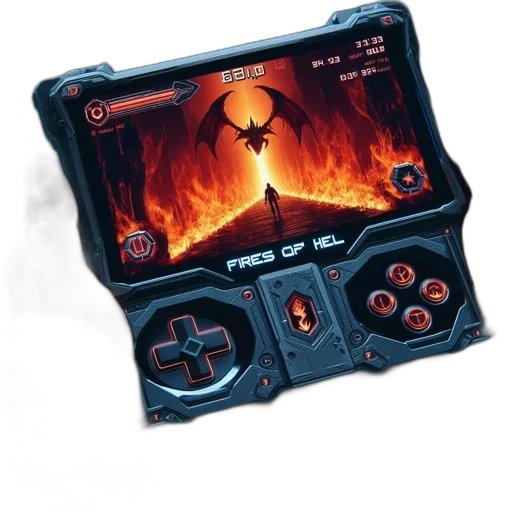 futuristic, gaming, device, labeled, fires, hel, shows, game transparent PNG cut-out
