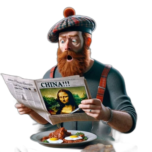 food, 3d render, concept art, photorealistic, shocked, scottish, man, sporting transparent PNG cut-out