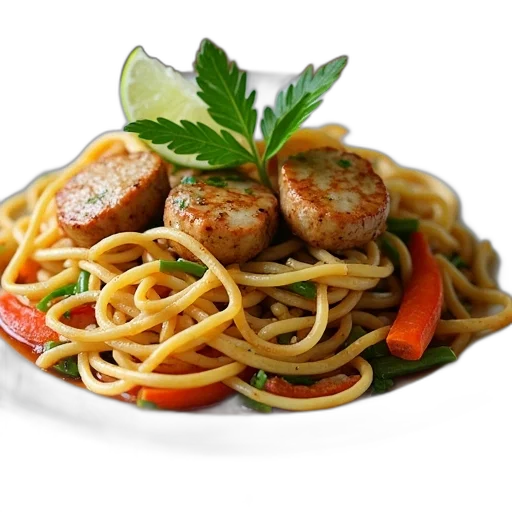 food, 3d render, photorealistic, plate, stir-fried, noodles, vegetables, meat transparent PNG cut-out