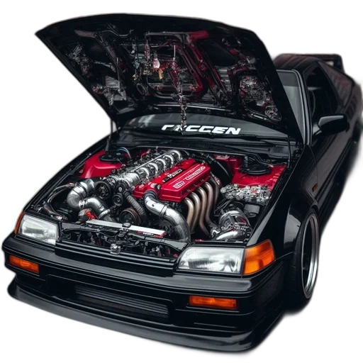 car, black, red, engine, block, has, hood, open transparent PNG cut-out