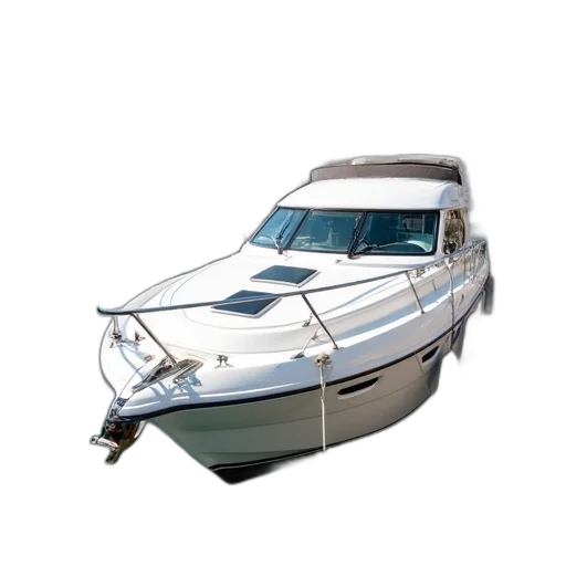 3d render, photorealistic, small, white, motorboat, docked, marina, clear transparent PNG cut-out