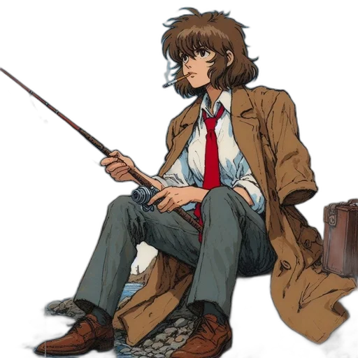 jacket, staff, concept art, anime, pixel art, cartoon, earth tones, young transparent PNG cut-out
