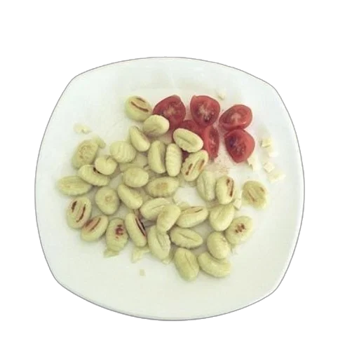 food, jewelry, photorealistic, 3d render, plate, gnocchi, tomatoes, garlic transparent PNG cut-out