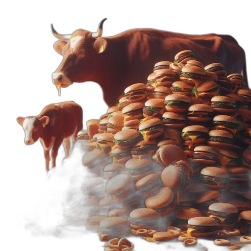 food, concept art, 3d render, cow, calf, next, tower, hamburgers transparent PNG cut-out