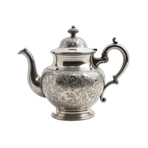 photorealistic, 3d render, silver, teapot, intricate, floral, scroll, designs transparent PNG cut-out