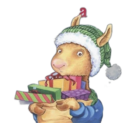 hat, animal, whimsical, illustration, llama, holding, presents, titled transparent PNG cut-out
