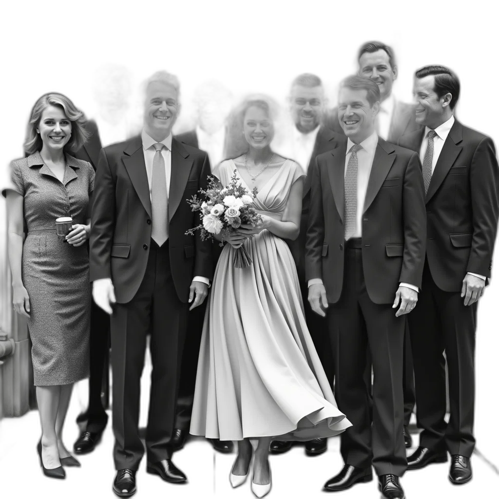 dress, staff, outer space, fire, black, white, photograph, group transparent PNG cut-out