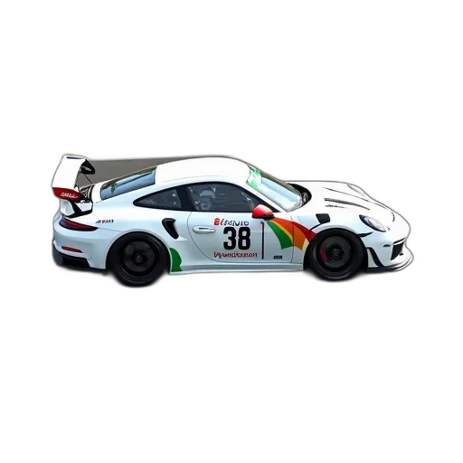 car, 3d render, photorealistic, white, colorful, racing, decals, speeding transparent PNG cut-out