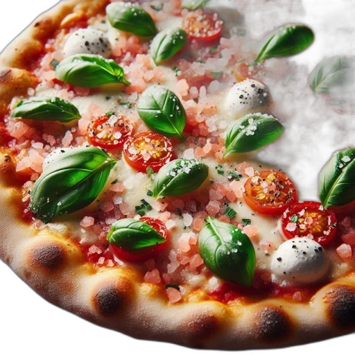 food, photorealistic, 3d render, golden-brown, pizza, cherry, tomatoes, mozzarella transparent PNG cut-out
