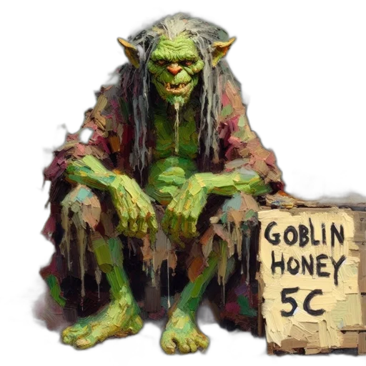 creature, concept art, fantasy art, comic book art, goblin-like, sells, honey, street transparent PNG cut-out