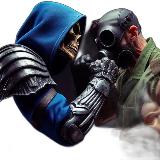 mask, concept art, comic book art, fantasy art, two, characters, engage, combat transparent PNG cut-out