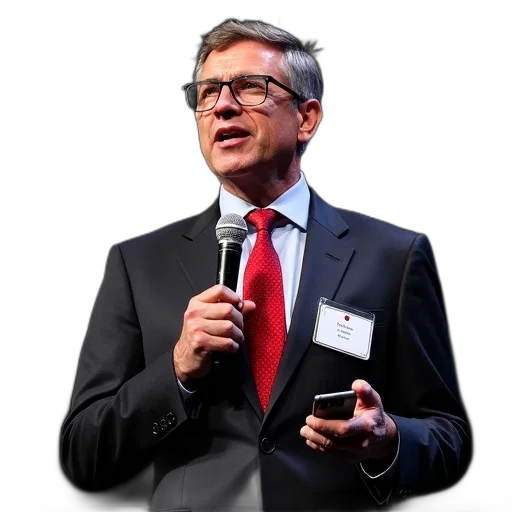 man, dark, suit, red, tie, holding, microphone, his transparent PNG cut-out