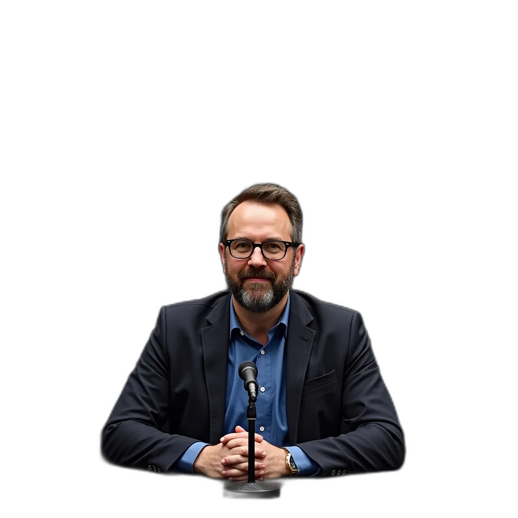 staff, jacket, crown, face, man, beard, glasses, sitting transparent PNG cut-out