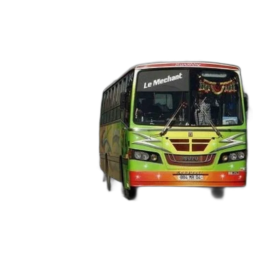 3d render, photorealistic, vibrant, green, yellow, bus, mechant, written transparent PNG cut-out