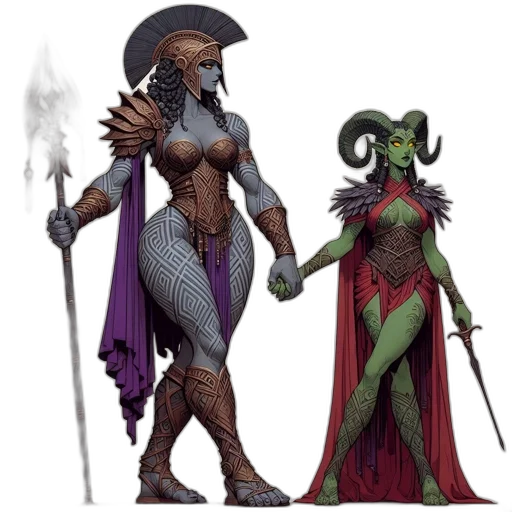 concept art, fantasy art, comic book art, pixel art, dark, green, two, female transparent PNG cut-out