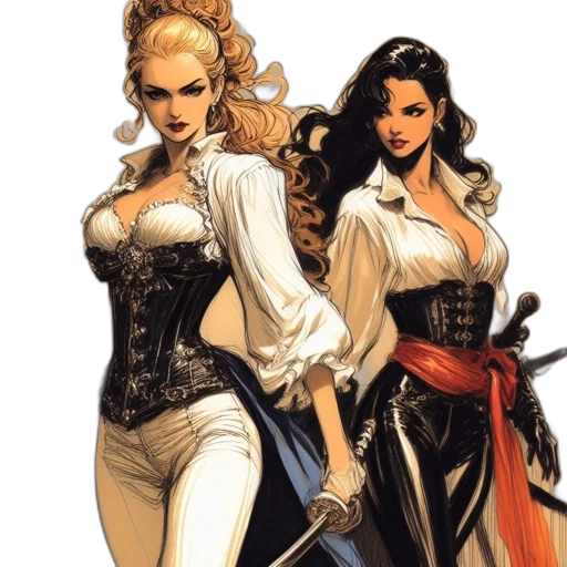 comic book art, concept art, fantasy art, cartoon, two, female, characters, swords transparent PNG cut-out